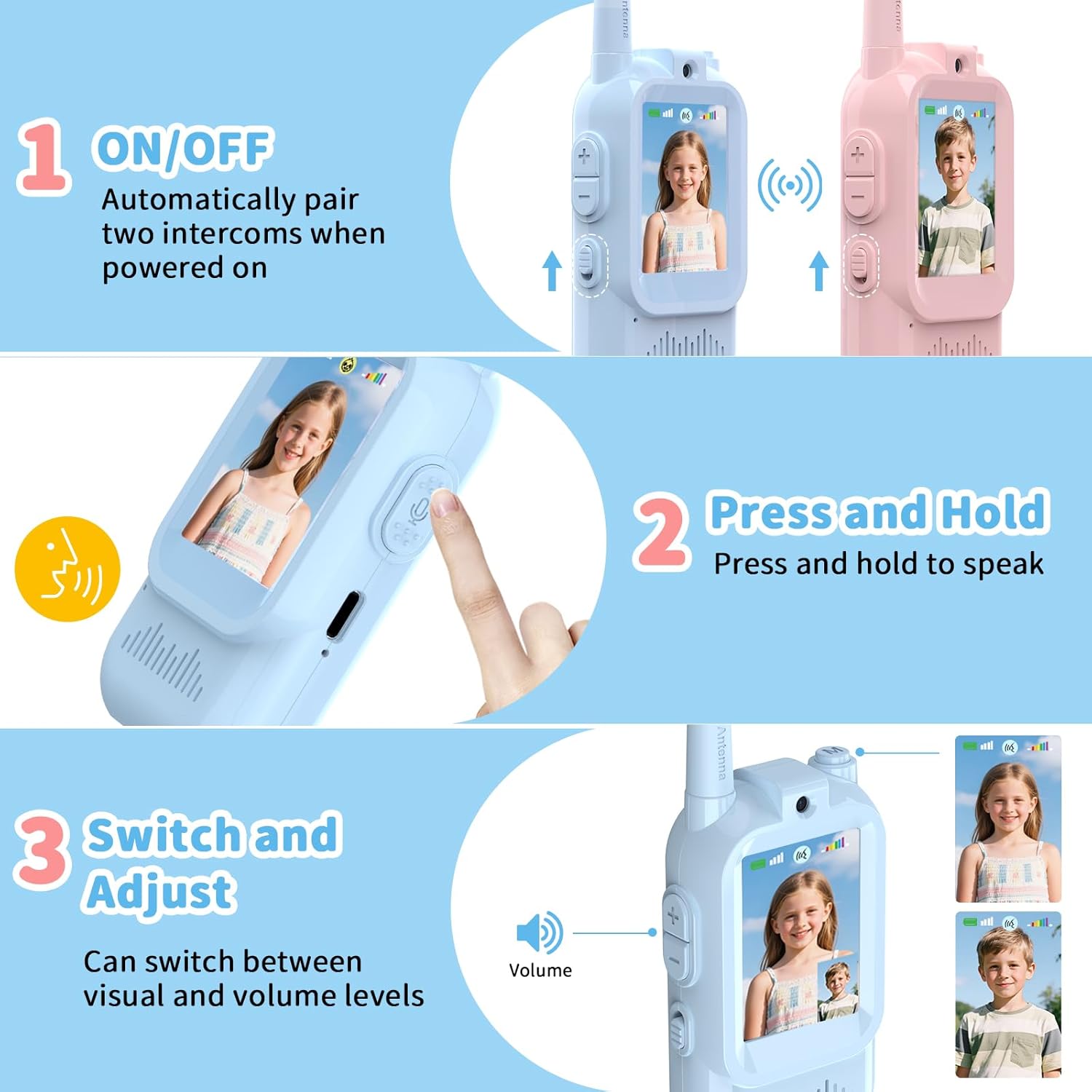 Video Walkie Talkies for Kids 2 Pack Rechargeable Intercom Walkie-talkie Cute 2 Inch Screen One-Click Call Child Video Intercom