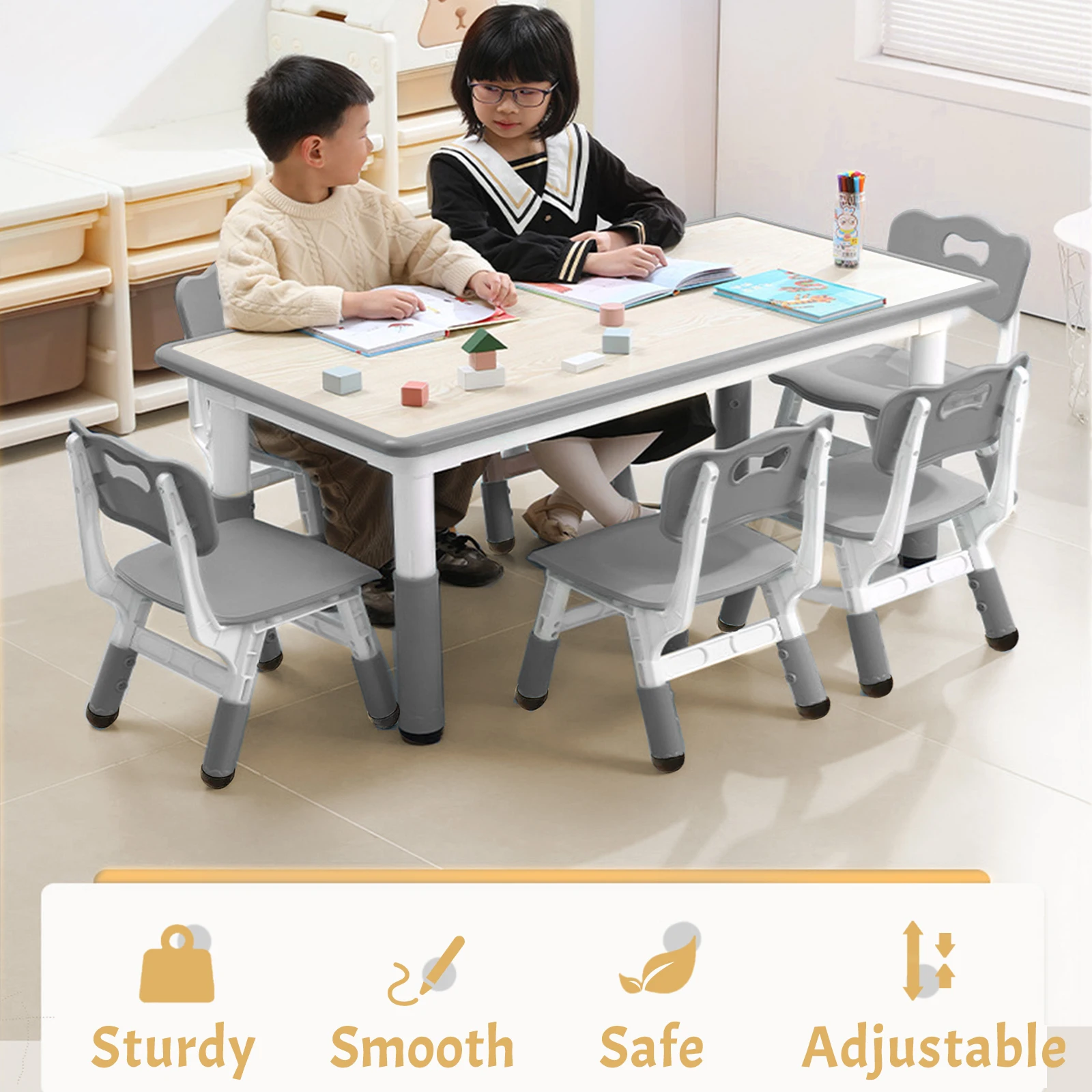 Toddler Height Adjustable Desk with Graffiti Desktop Arts & Crafts Table with 6 Seats Non-Slip Legs Max 300lbs Ages 2-10yrs