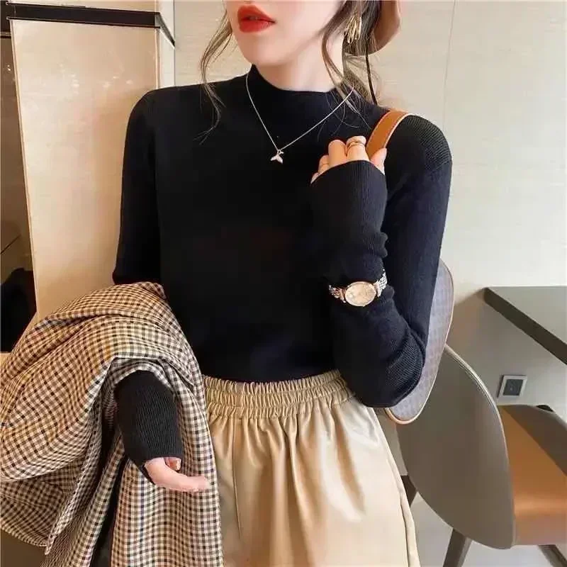 2024 moda Color sólido cuello alto mujeres Otoño Invierno suéteres de punto jerseys básicos de imprimación suéter coreano Jersey ajustado