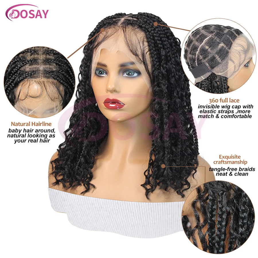 สั้น 12 นิ้ว Bohemian Curly Braided Full Lace ด้านหน้าวิกผม Knotless กล่อง Braid Bob วิกผมผู้หญิงสังเคราะห์ Locs เทพธิดา Cornrow Braids