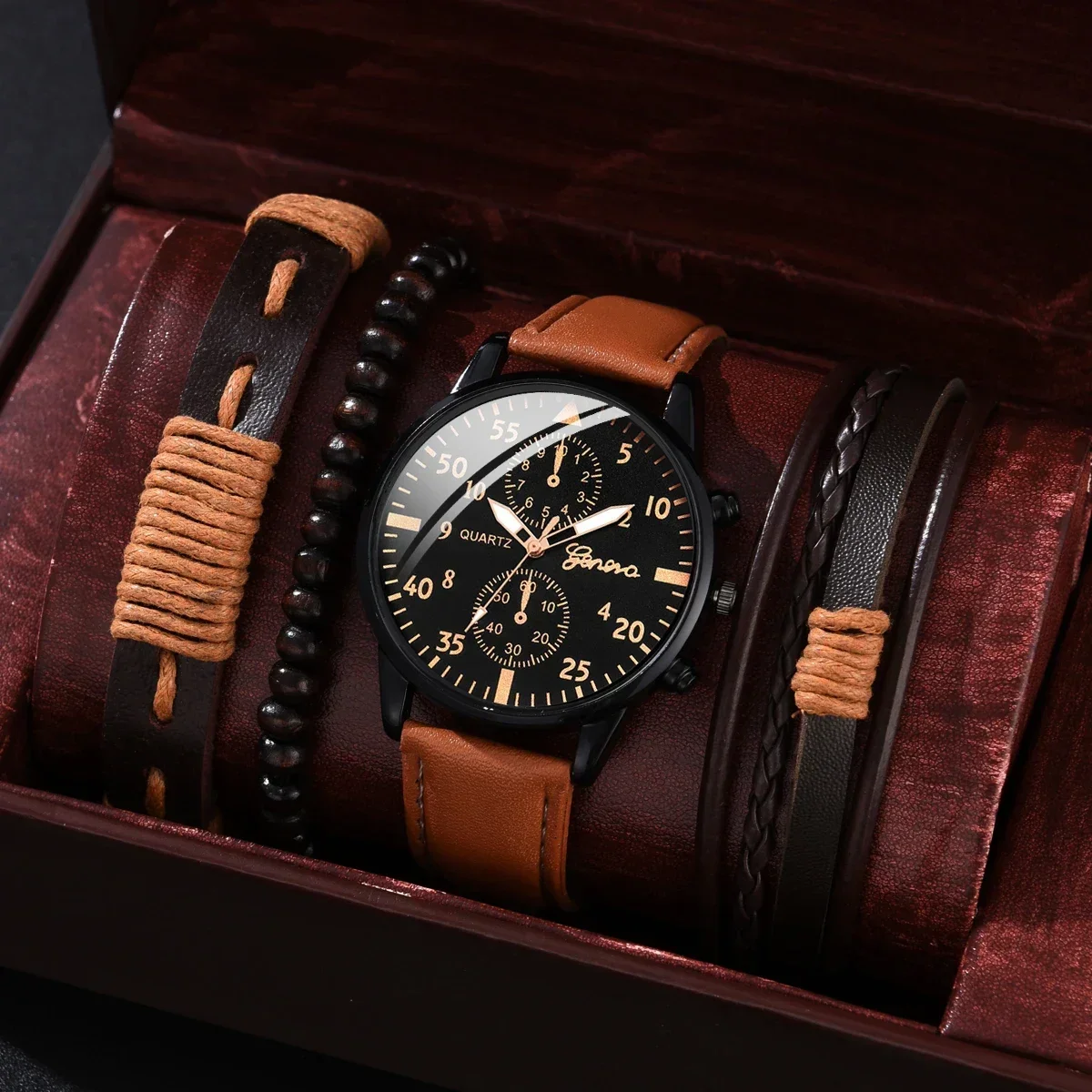 Conjunto de relojes para hombre de 4/1 Uds., reloj de cuero de diseño a la moda de lujo, reloj de cuarzo para hombre, reloj de regalo, reloj Masculino (sin caja)