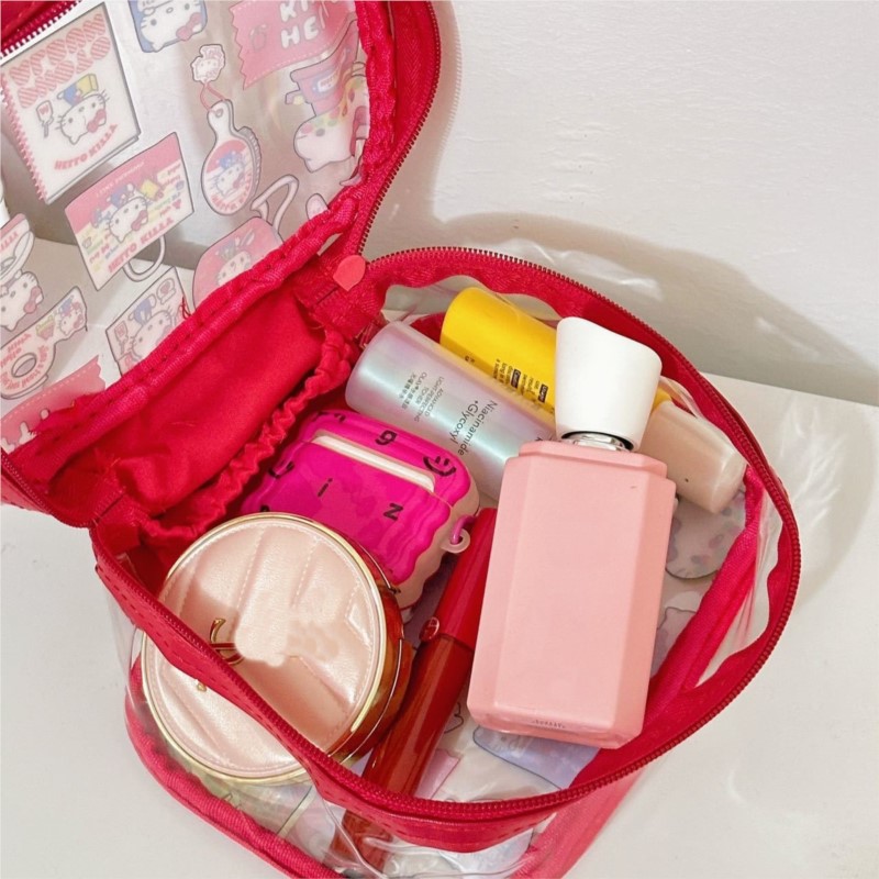 Hello Kitty Make-up-Tasche, transparent, Sanrio Kawaii, tragbar, großes Fassungsvermögen, wasserdichte Hautpflege-Aufbewahrung, kosmetische Waschtasche, Handtasche