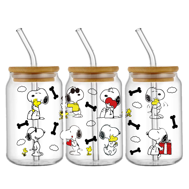 Dibujos animados de moda Snoopy 16OZ UV DTF taza envolturas pegatina de transferencia para vidrio Libbey lata botella autoadhesiva lavable DIY personalizado