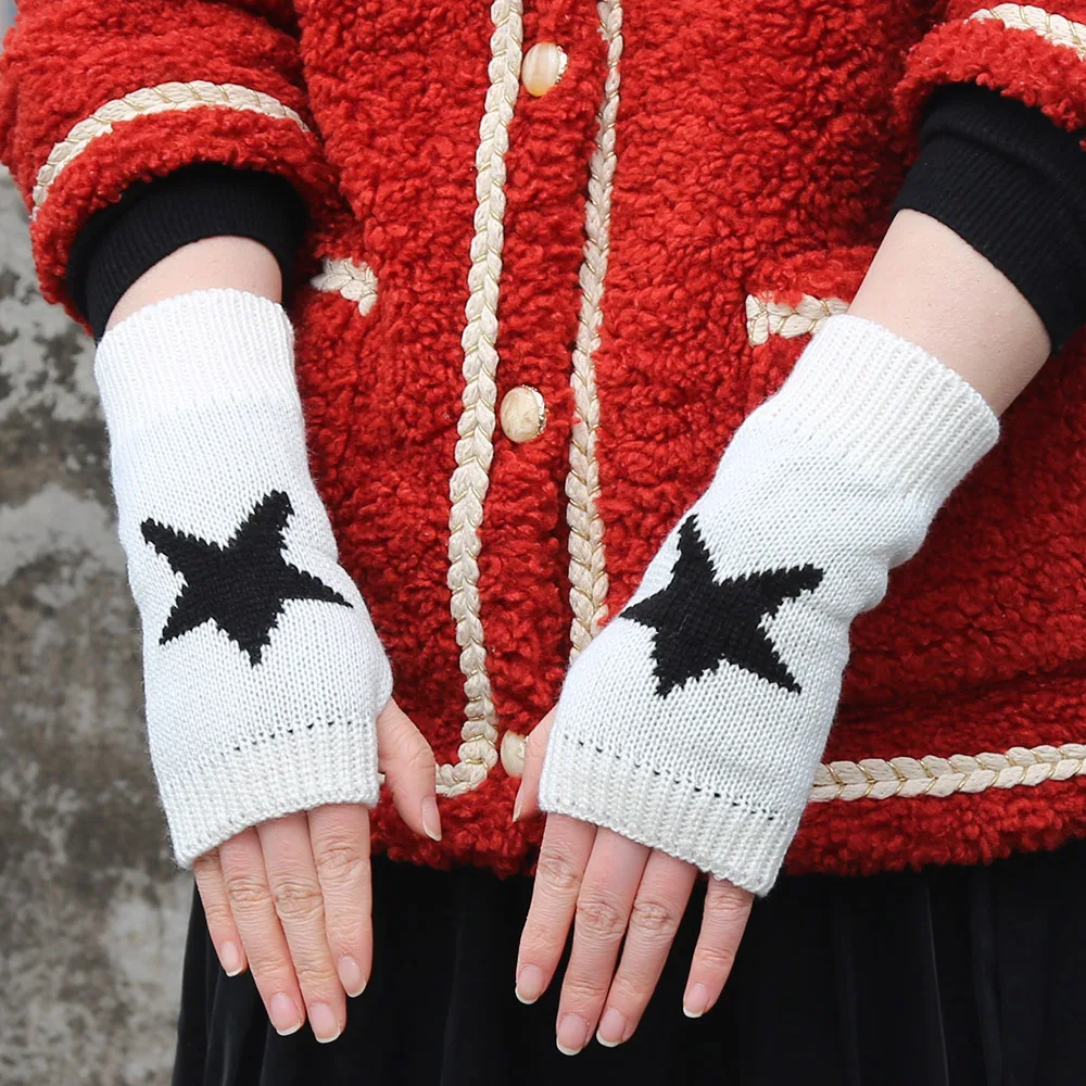 Black White Women Knitted Warm Half Gloves Autumn Winter Fingerless Gloves Arm Sleeve Girls Fashion Casual Accessories Mittens