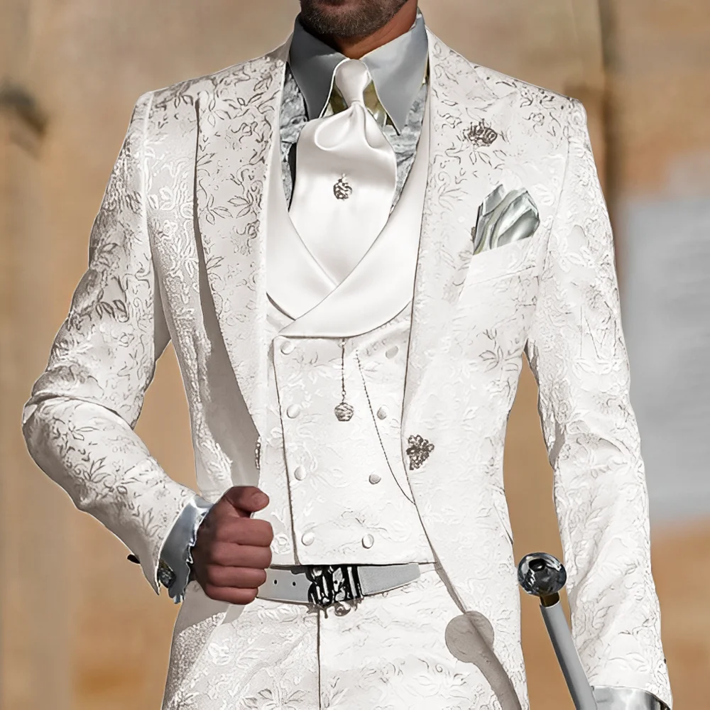 Prachtige Bruiloft Smoking Jacquard Mannen Pakken Piekte Revers 4-delige Set Jas Vest Broek Wrap Knappe Bruidegom Blazers Aangepaste