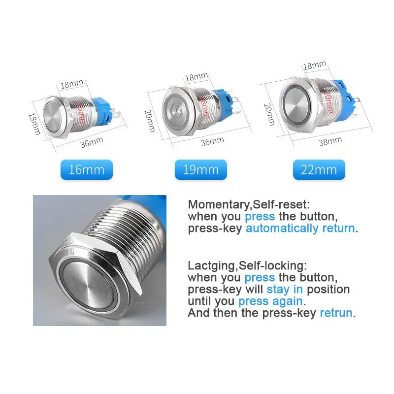 12mm 16mm 19mm 22mm botón pulsador de metal interruptor de encendido y apagado luz LED impermeable botón circular plano 3v 6v 12v 24v 110v 220v ip65