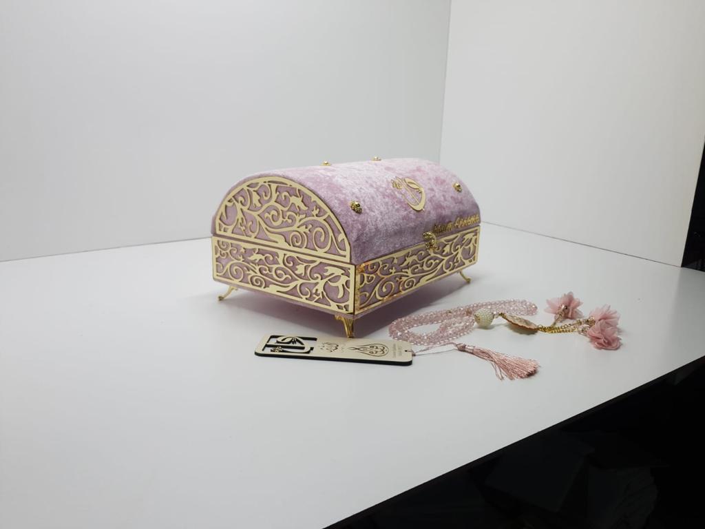 Big Size Luxury Boxed Quran Set Gift Velvet Pink Color Quran Pearl Rosary