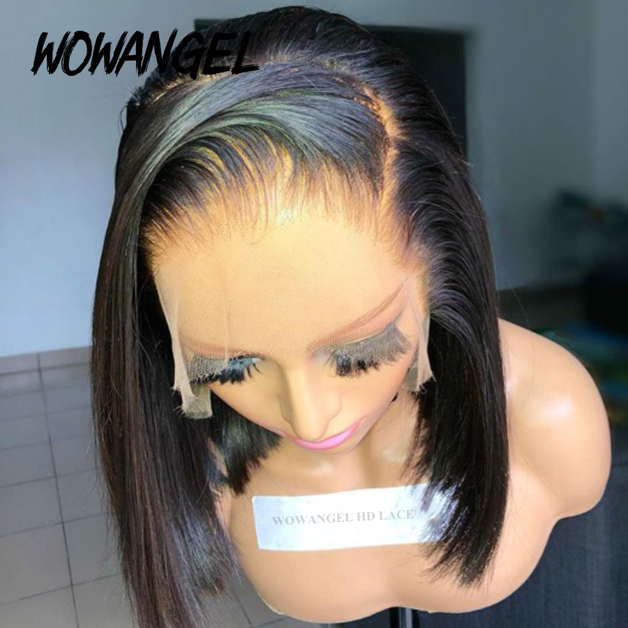 와우 엔젤 SKINLIKE 리얼 HD 레이스 프론트 가발 짧은 밥 가발 블런트 컷 가발 13x4 HD 레이스 정면 인간의 머리 가발 Pre Plucked Glueless