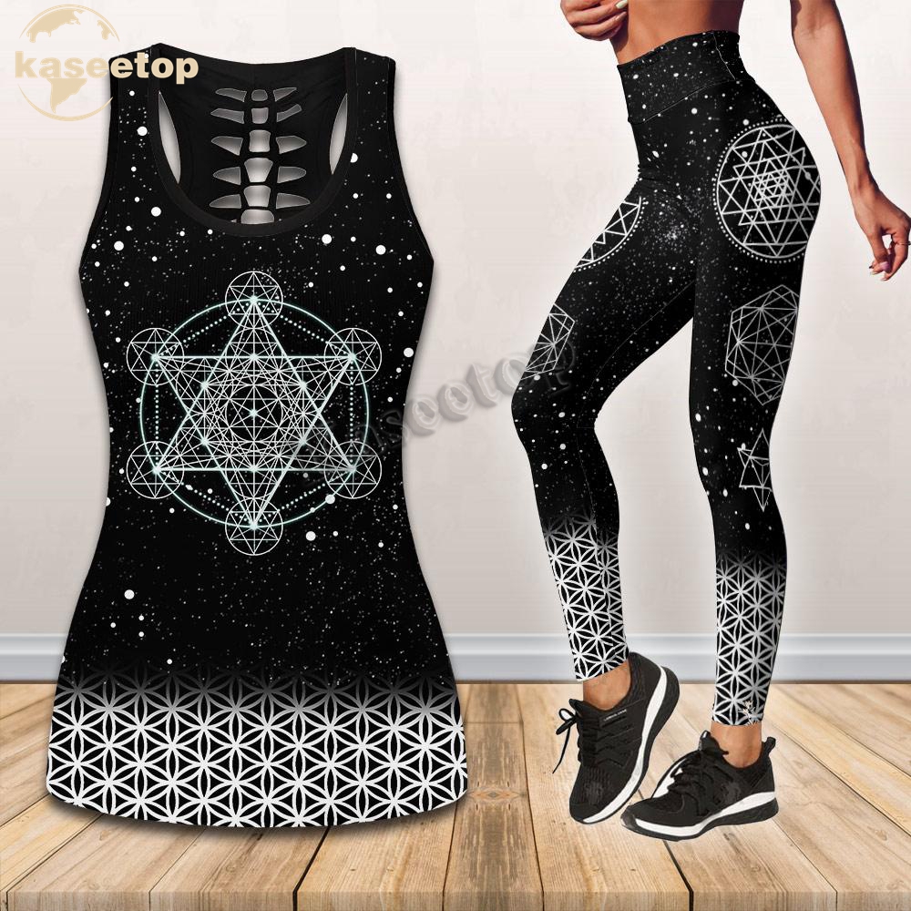 Sacred Geometris Chakra Sacred Geometri Dua Potong Set Yoga Wanita 3D Rompi Cetak Berongga Tank & Legging Pakaian Musim Panas