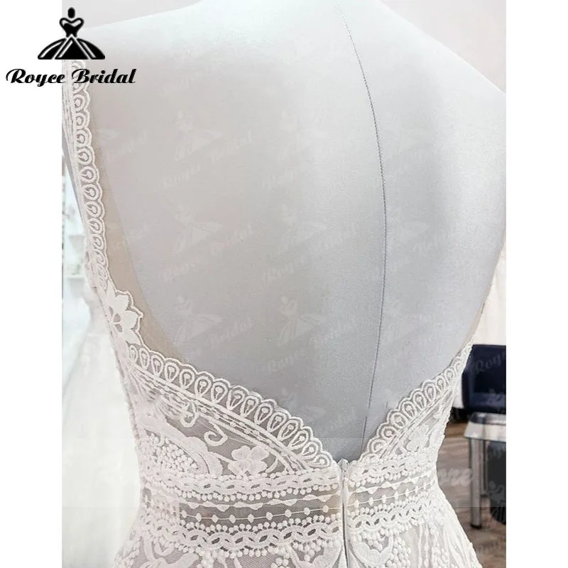 A 라인 Boho 블러쉬 핑크 웨딩 드레스 스파게티 스트랩 레이스 Tulle V 넥 민소매 오픈 백 trouwjurk Robe de mariee Customized