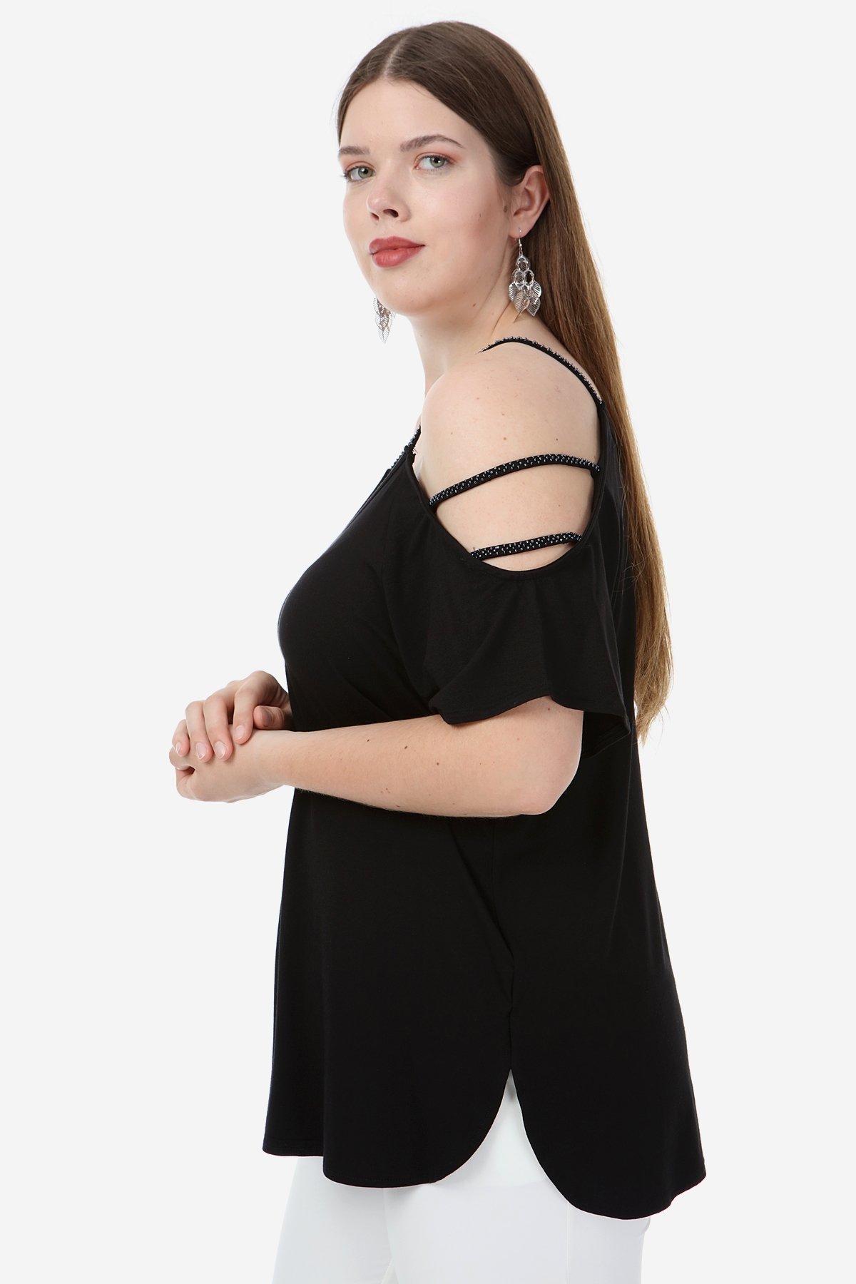 Hanezza Kích Thước Lớn Shoul Ba Nếp Vải Hạt Chi Tiết Bluz