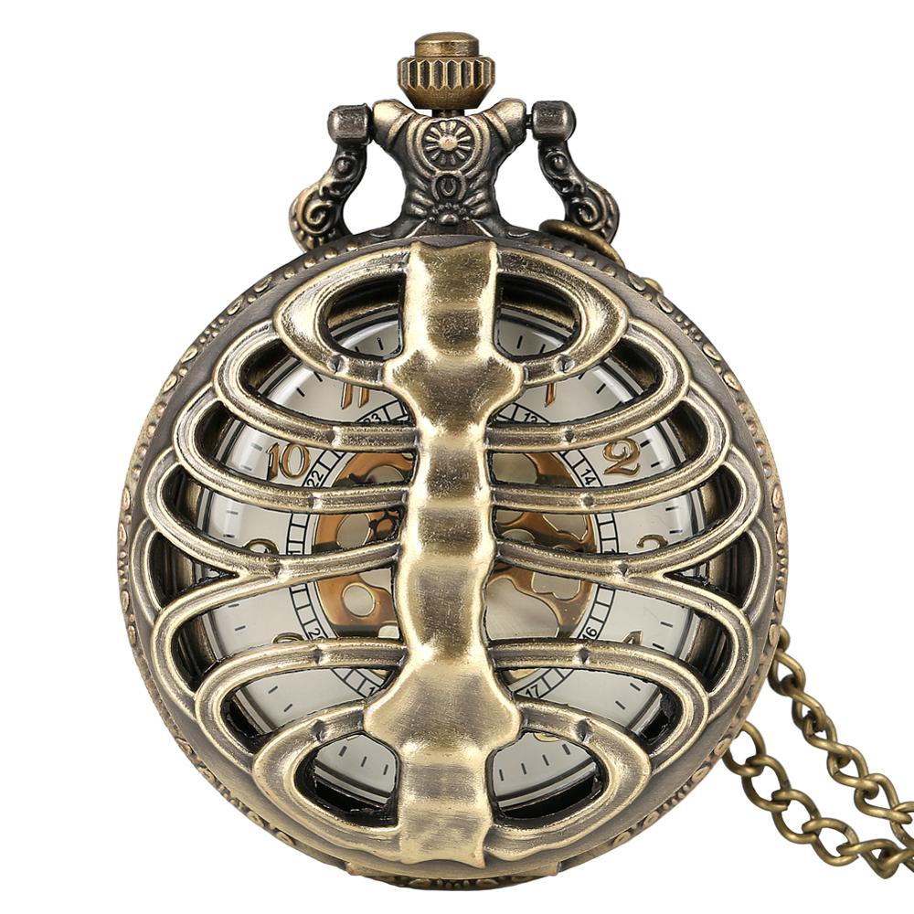 Antike Steampunk Bronze Wirbelsäule Rippen Hohl Quarz Taschenuhr Kette Halskette Anhänger Pullover Kette Vintage Geschenke für Männer Frauen