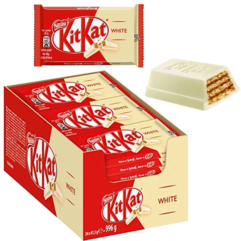 Kat branco Kit-estojo com 24 embalagens de 41,5 gr-cada kit kat é composto por quatro barras com uma waffle de biscoito coberto por uma camada doce de chocolate branco-