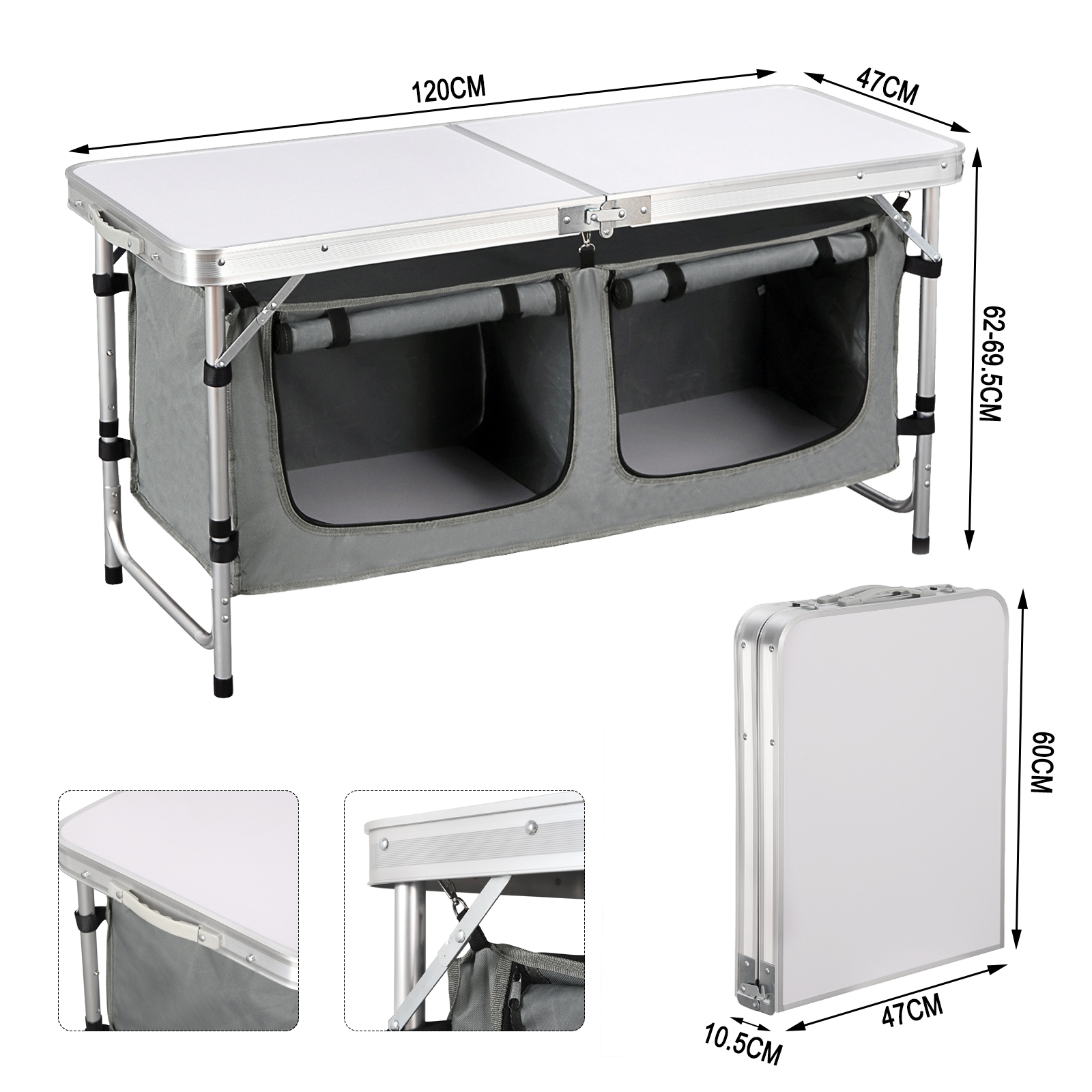 WOLTU Table de pique-nique pliante Table de valise en aluminium avec sac de rangement placards Table de camping réglable en hauteur pour barbecue de jardin