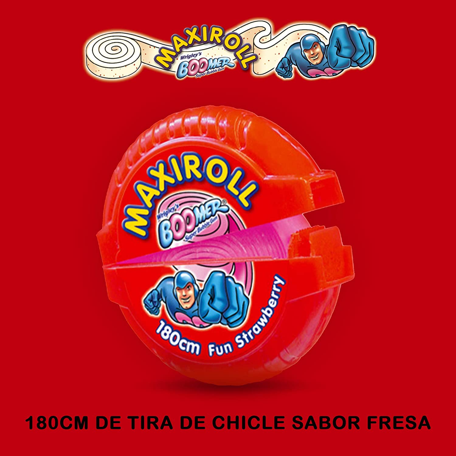 Pastilha elástica Maxiroll. Boomer marca Strawberry Flavored Gum, Corte para o seu próprio, 180 cm Laminados 12 pcs por caixa