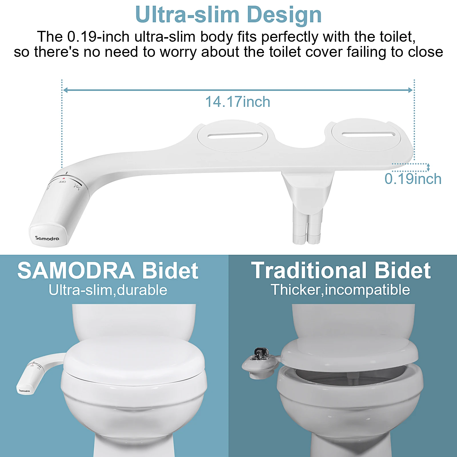SAMODRA Bidet-Aufsatz, ultraschlanker Toilettensitz-Aufsatz, Doppeldüsen-Bidet, einstellbarer Wasserdruck, nicht elektrisches Arschsprühgerät
