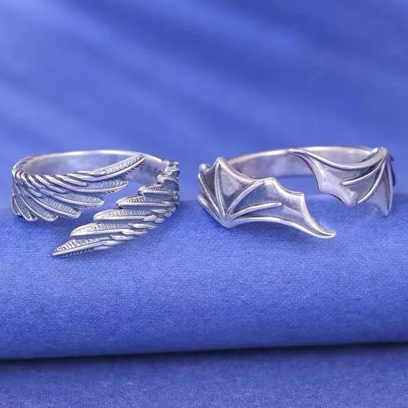 2 Teile/satz Punk Engel Dämon Flügel Paare Ringe für Frauen Retro Silber Farbe Feder Offenen Ring Hochzeit Schmuck Valentinstag geschenk