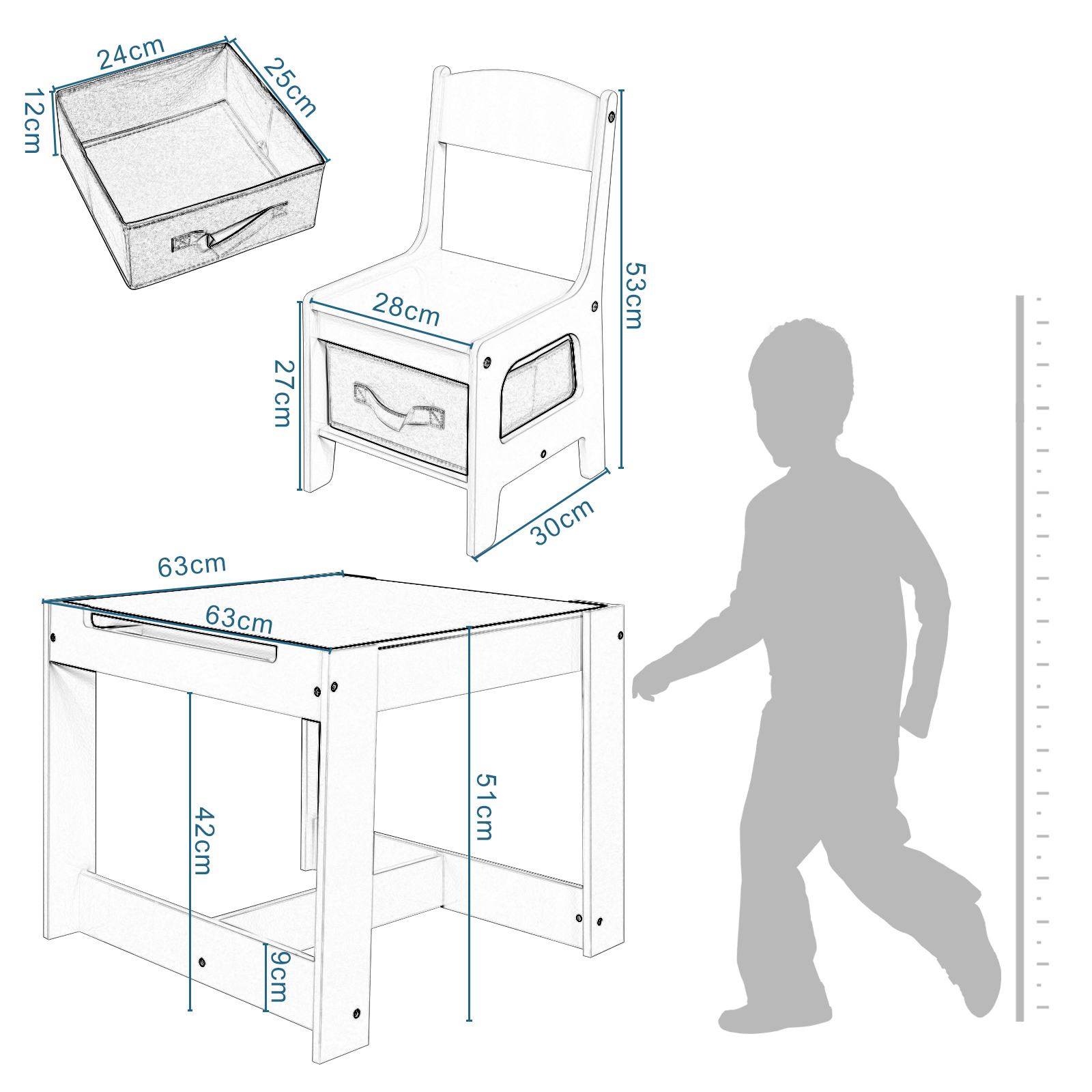 WOLTU Kinderschreibtisch, weißer Kindertisch, 2 Stühle, Set mit Aufbewahrungskorb, wendbare Tischplatte, Tafelpapierrolle für die Vorschule