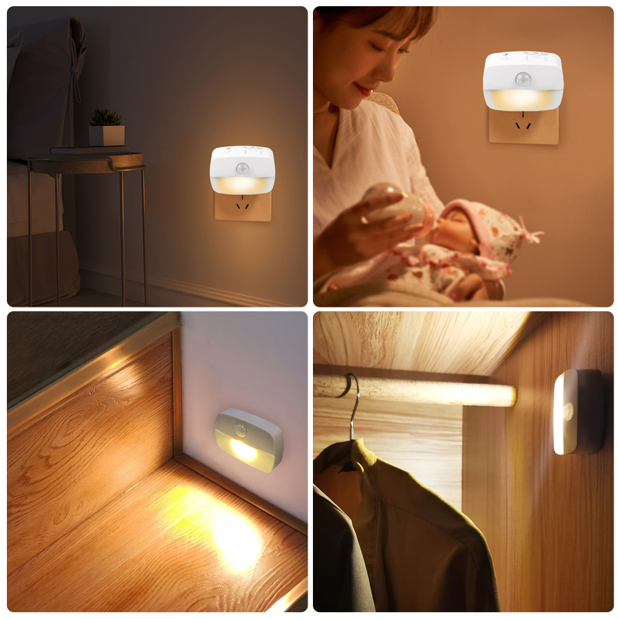 Đèn LED Không Dây Cảm Biến Chuyển Động Ánh Sáng Ban Đêm Cắm Đầu Dò Chuyển Động Phòng Ngủ Cầu Thang Tủ Đầu Giường Đèn Ngủ 220V Dùng Pin