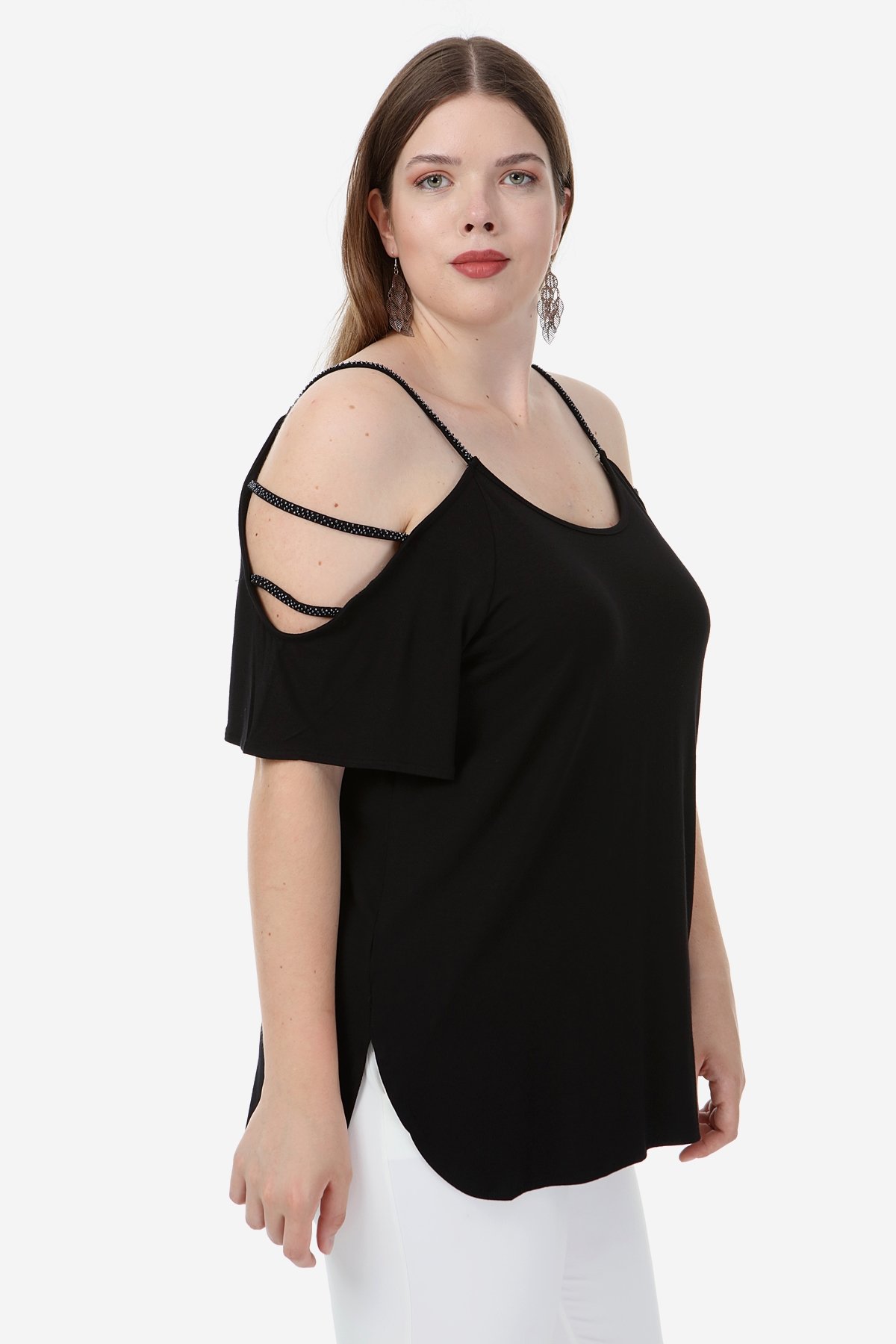 Hanezza Kích Thước Lớn Shoul Ba Nếp Vải Hạt Chi Tiết Bluz