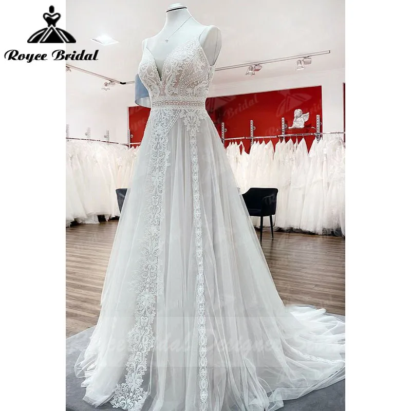 A 라인 Boho 블러쉬 핑크 웨딩 드레스 스파게티 스트랩 레이스 Tulle V 넥 민소매 오픈 백 trouwjurk Robe de mariee Customized