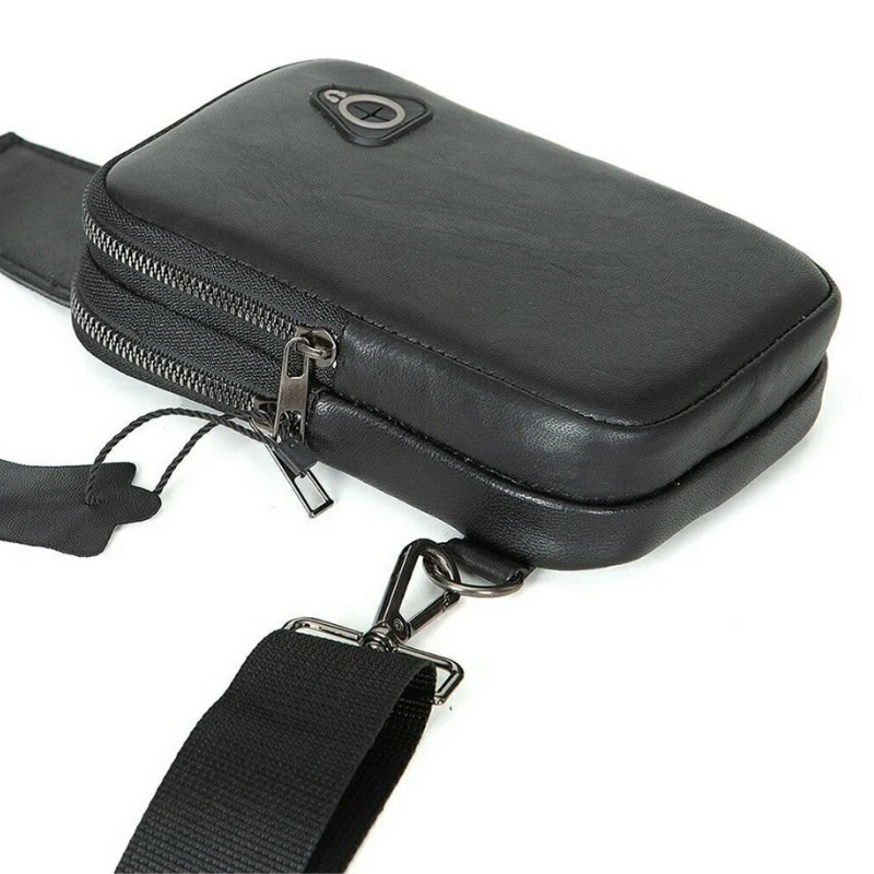 Tas Kulit Asli Earphone Hitam Pria Tas Dada 18X12 CM Tas Bahu Selempang Divisi Televisi Hitam Tas Bahu Tunggal