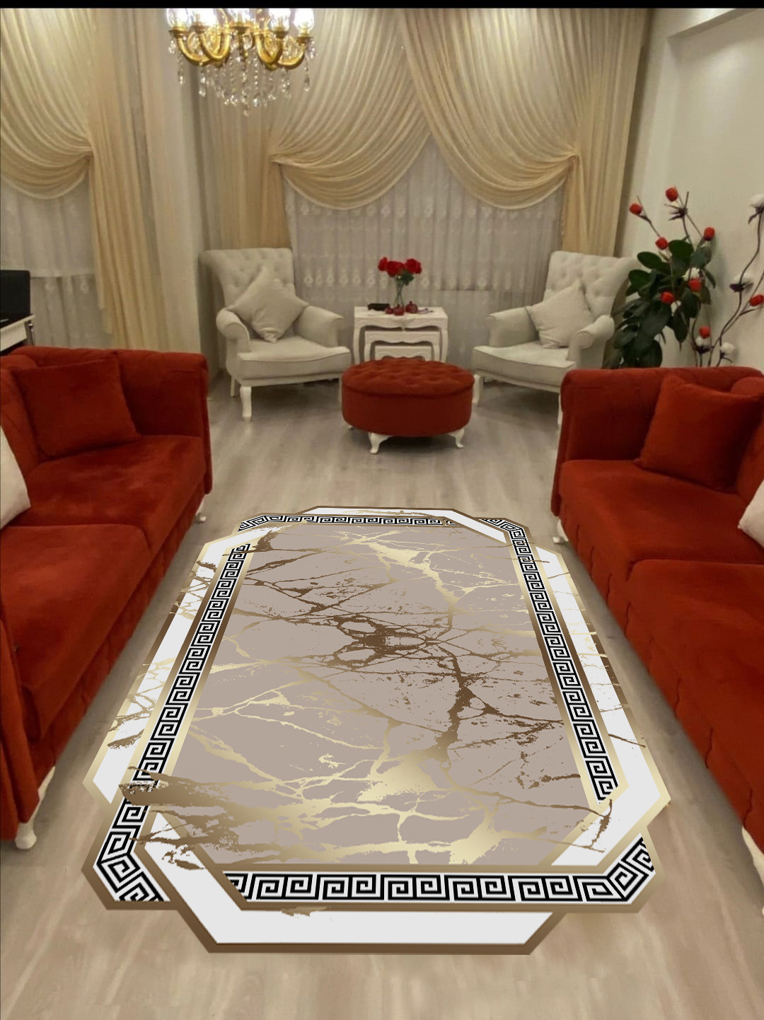 Karpet Ruang Tamu Generasi Baru Dekoratif Dapat Dicuci Anti-selip Karpet Karpet Lorong Marmer Emas Cetak Digital Antibakteri