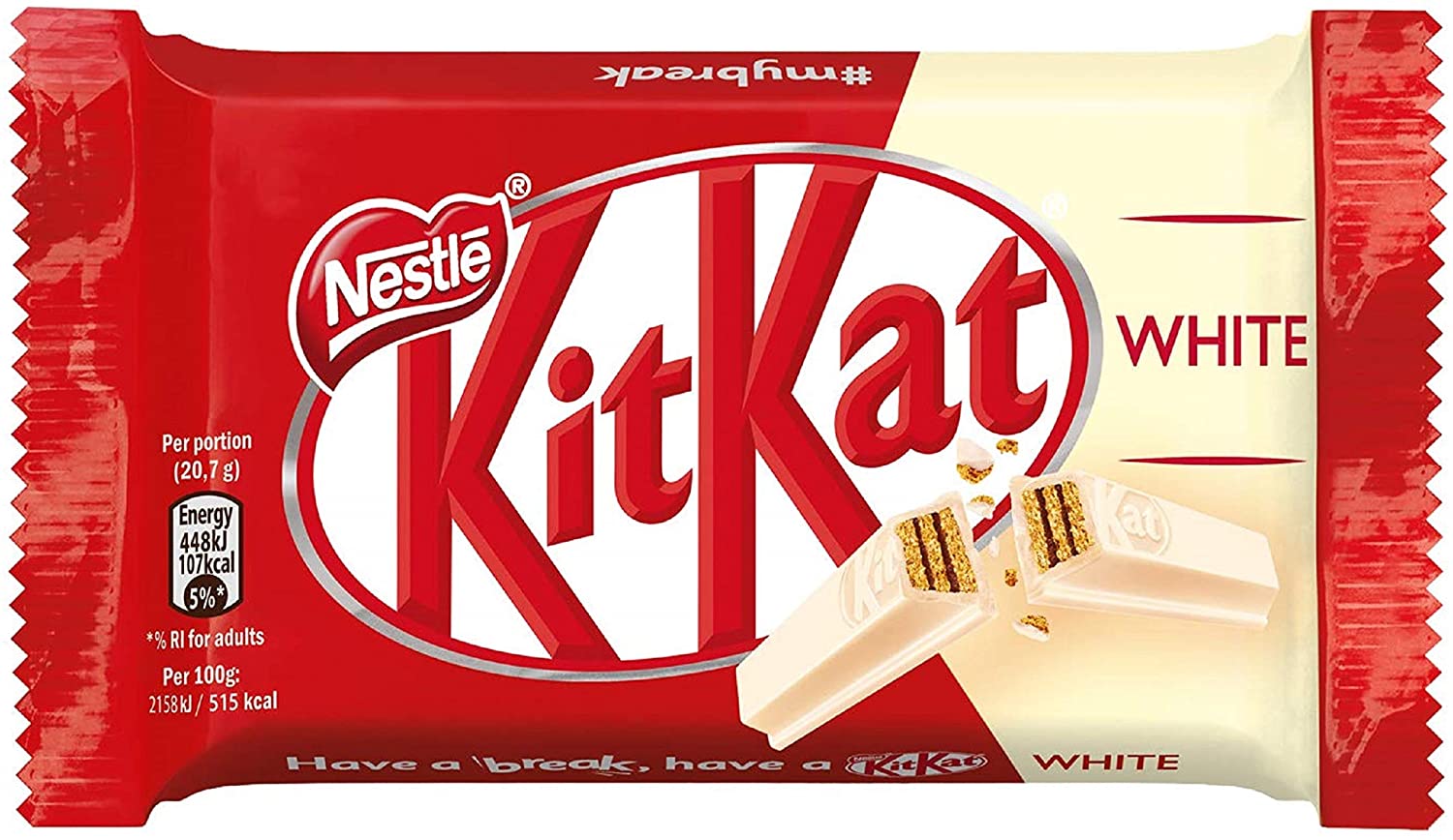 Kat branco Kit-estojo com 24 embalagens de 41,5 gr-cada kit kat é composto por quatro barras com uma waffle de biscoito coberto por uma camada doce de chocolate branco-