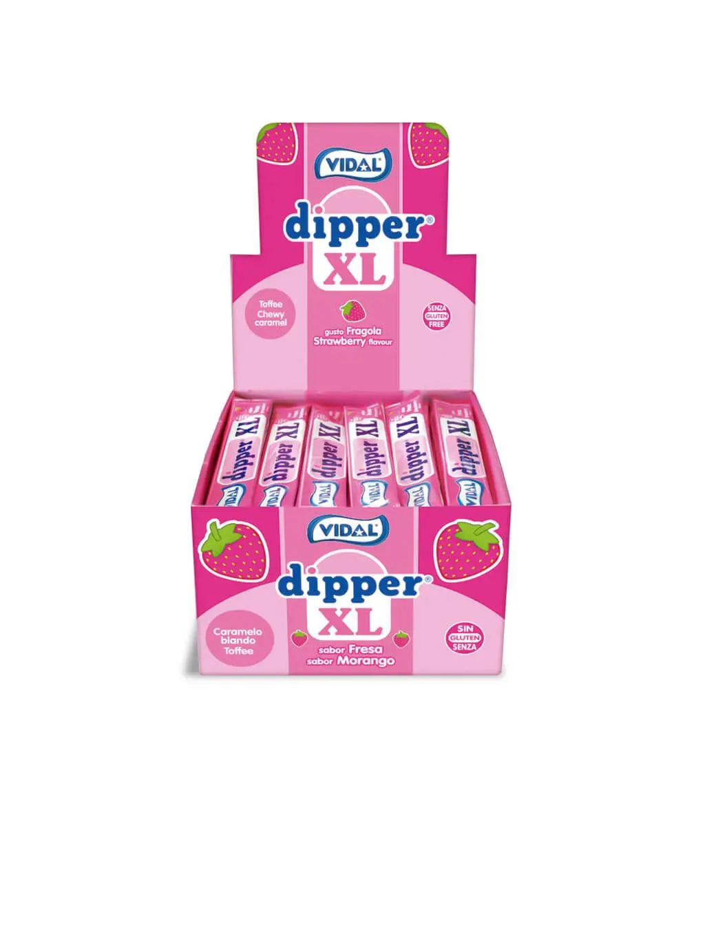 Estojo de Morango Vidal Dipper, Caramelo Suave com Sabor Intenso de Morango, Textura Suave, Se Cabe Derreter a Cada Mordida, Vegano, 1g, XL