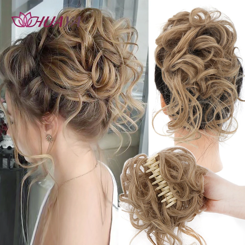 HUAYA Tổng Hợp Lộn Xộn Da Móng Vuốt Tóc Bun Chignon Tóc Scrunchy Giả Giả Tóc Với Đuôi Cho Nữ Bộ Tóc Giả