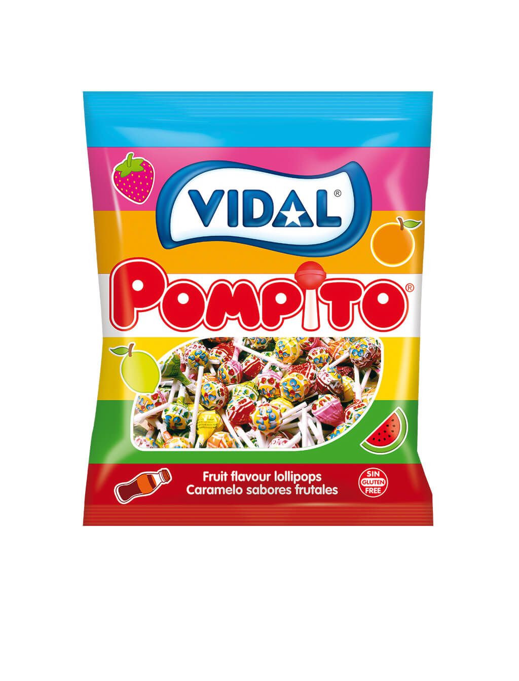 Saco de vidro pompito sortido de 1,2kg, rebuçado com bastão de diferentes sabores, cereja, cola, laranja, morango, limão e melancia