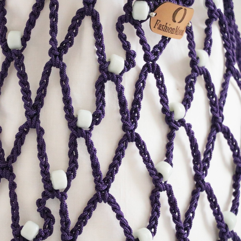 Vintech Fishnet Mercerizing Bag Summer Handbag handmade Bag Organic White Glass Beaded Purple Bag