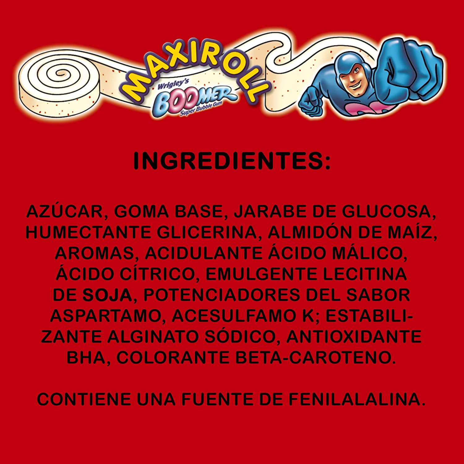 Pastilha elástica Maxiroll. Boomer marca Strawberry Flavored Gum, Corte para o seu próprio, 180 cm Laminados 12 pcs por caixa