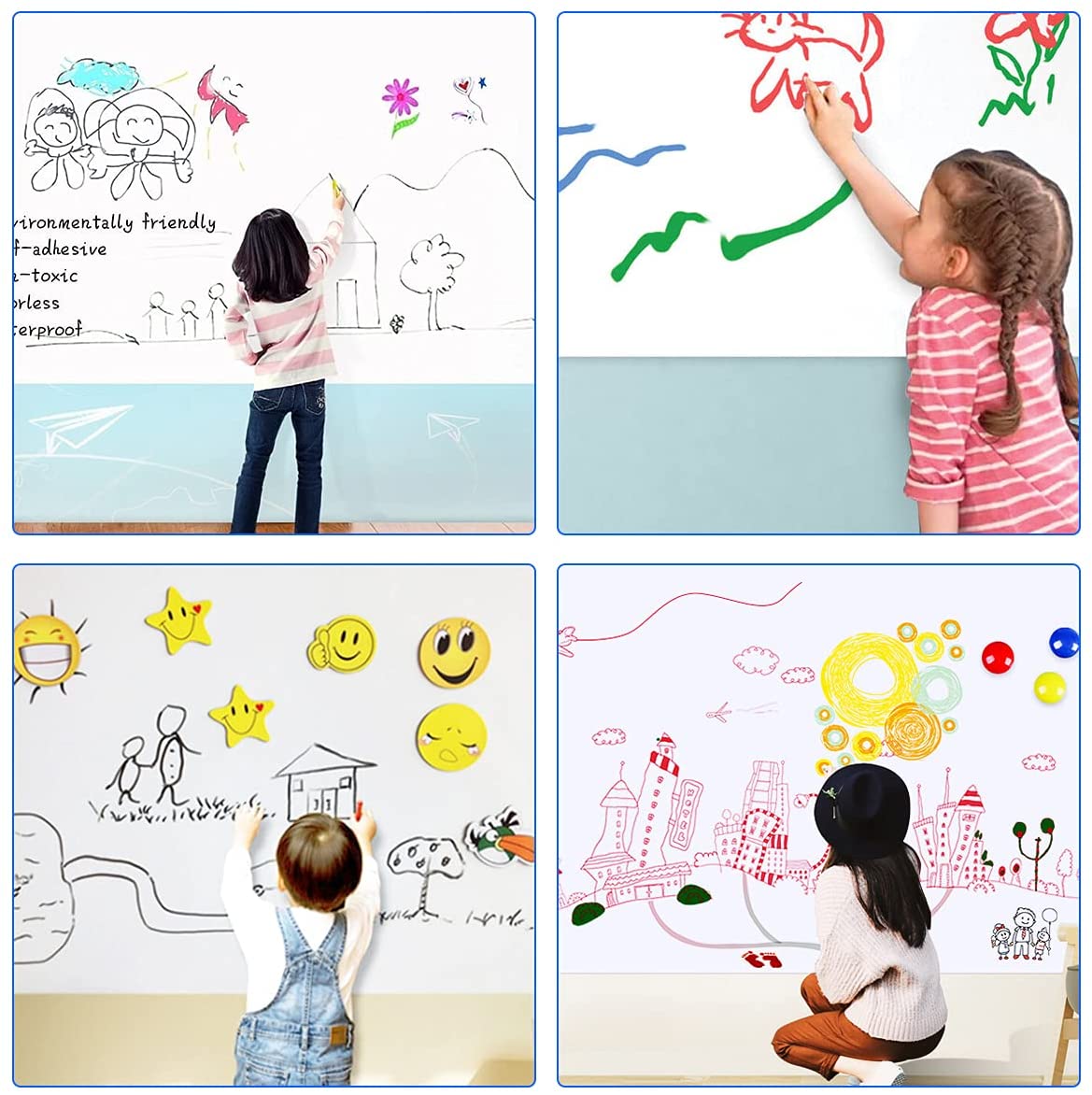 Rouleau de tableau blanc auto-adhésif 60x200cm autocollant mural 45x150cm stylo d'écriture en vinyle Vileda effaçable pour bureau, enfants, école, cours...