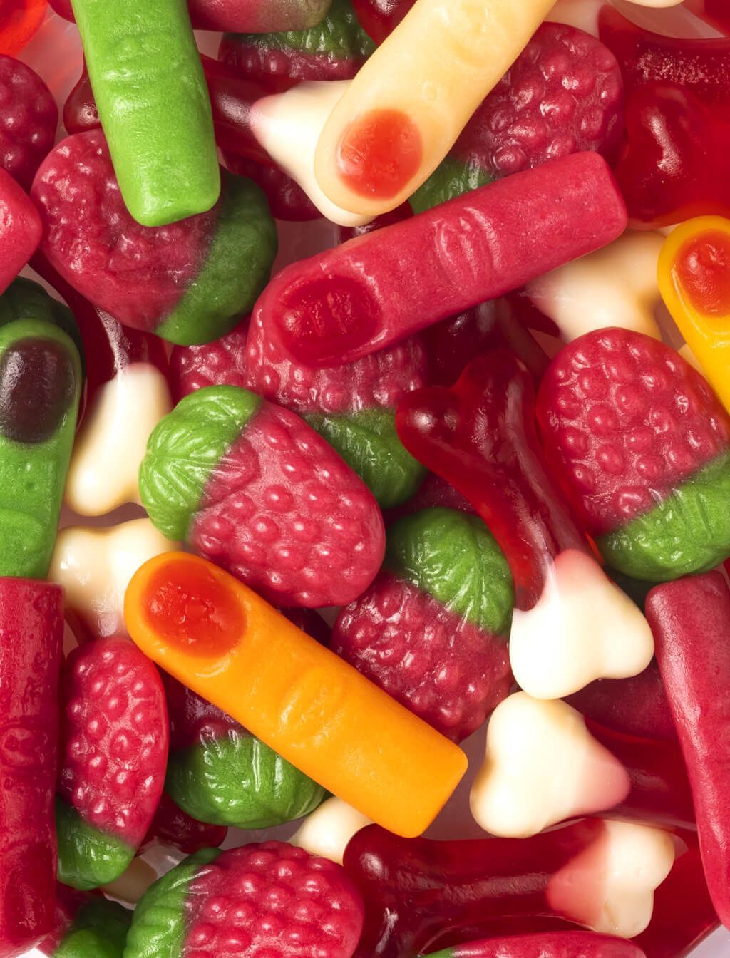 Doces mega-sortidos, 14 sacos de 90 gr-a, para o desenvolvimento do alimento das frutas, dedos coloridos, frutas silvestres, frutas e ossos Sem glueless