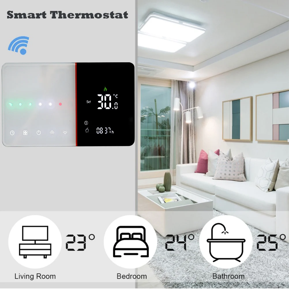 Qiumi Smart WiFi Thermostat สําหรับน้ํา / เครื่องทําความร้อนใต้พื้นหม้อต้มไฟฟ้า / แก๊สทํางานร่วมกับ Alexa Google Home