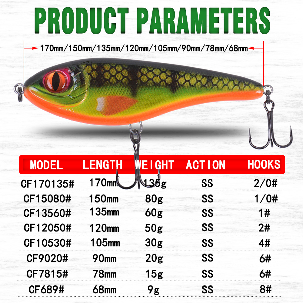 CF Dụ Chậm Đánh Chìm Jerkbait 68Mm-9G 78Mm-15G 90Mm-21G 105Mm-30G Xạ Pike Trượt Bass