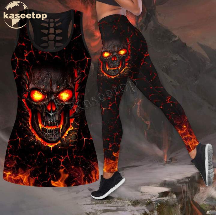 Kaseetop Set Yoga Dua Potong Lava Tengkorak Api Rompi Cetak 3D Wanita Tank Berongga & Legging Pakaian Musim Panas Kasual LK15