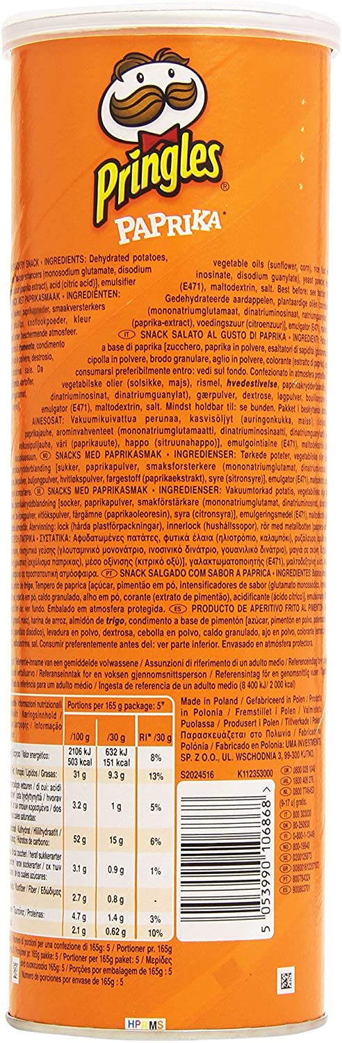 Pringles Potato Chips Box, Sabor Batatas fritas, 19 latas, 165 gramas Cada