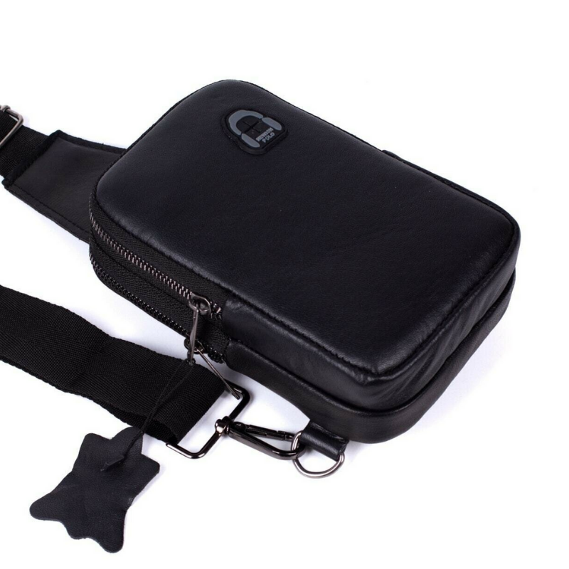 Tas Kulit Asli Earphone Hitam Pria Tas Dada 18X12 CM Tas Bahu Selempang Divisi Televisi Hitam Tas Bahu Tunggal