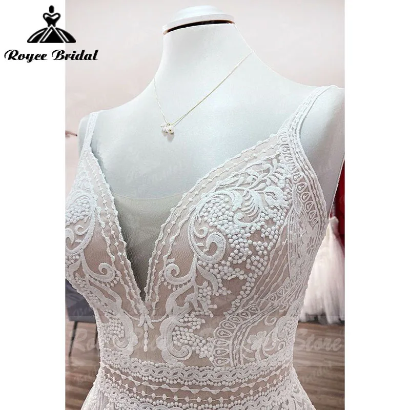 A 라인 Boho 블러쉬 핑크 웨딩 드레스 스파게티 스트랩 레이스 Tulle V 넥 민소매 오픈 백 trouwjurk Robe de mariee Customized