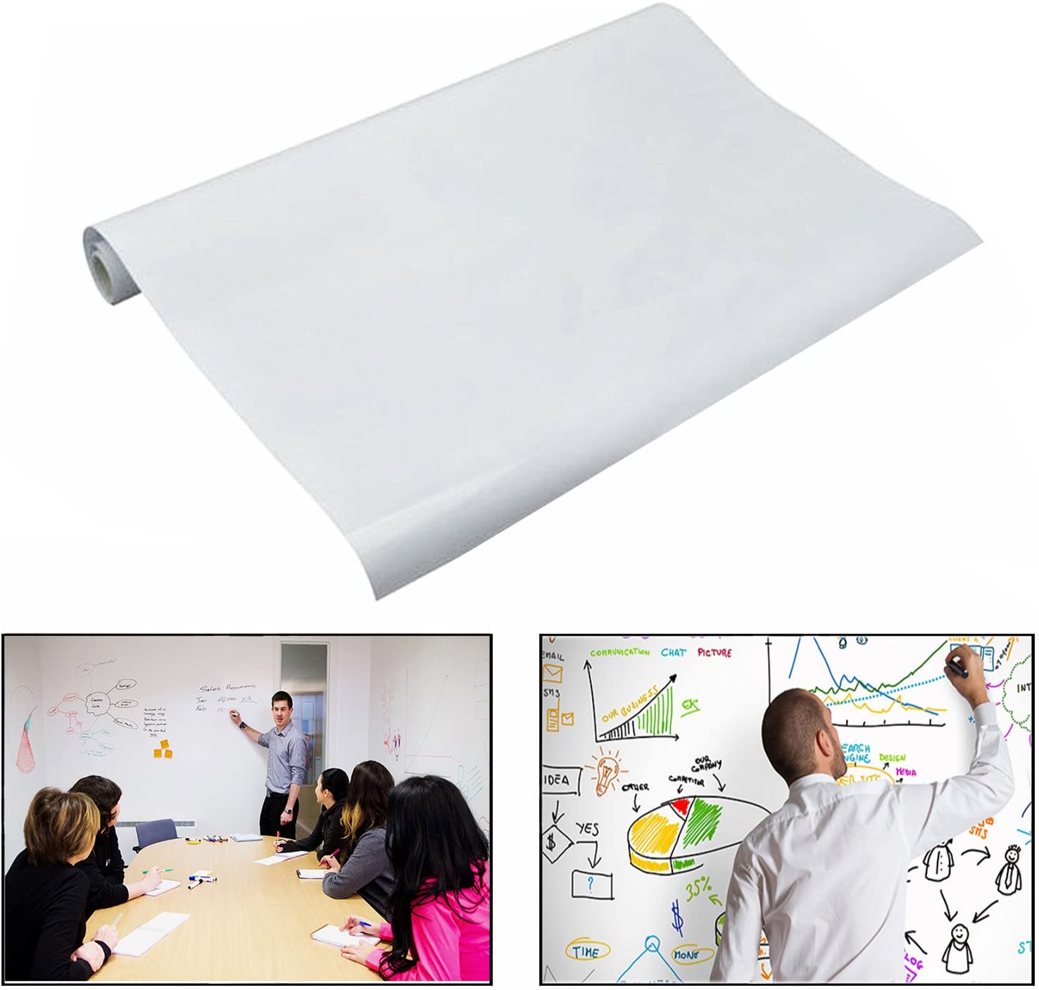 Rouleau de tableau blanc auto-adhésif 60x200cm autocollant mural 45x150cm stylo d'écriture en vinyle Vileda effaçable pour bureau, enfants, école, cours...