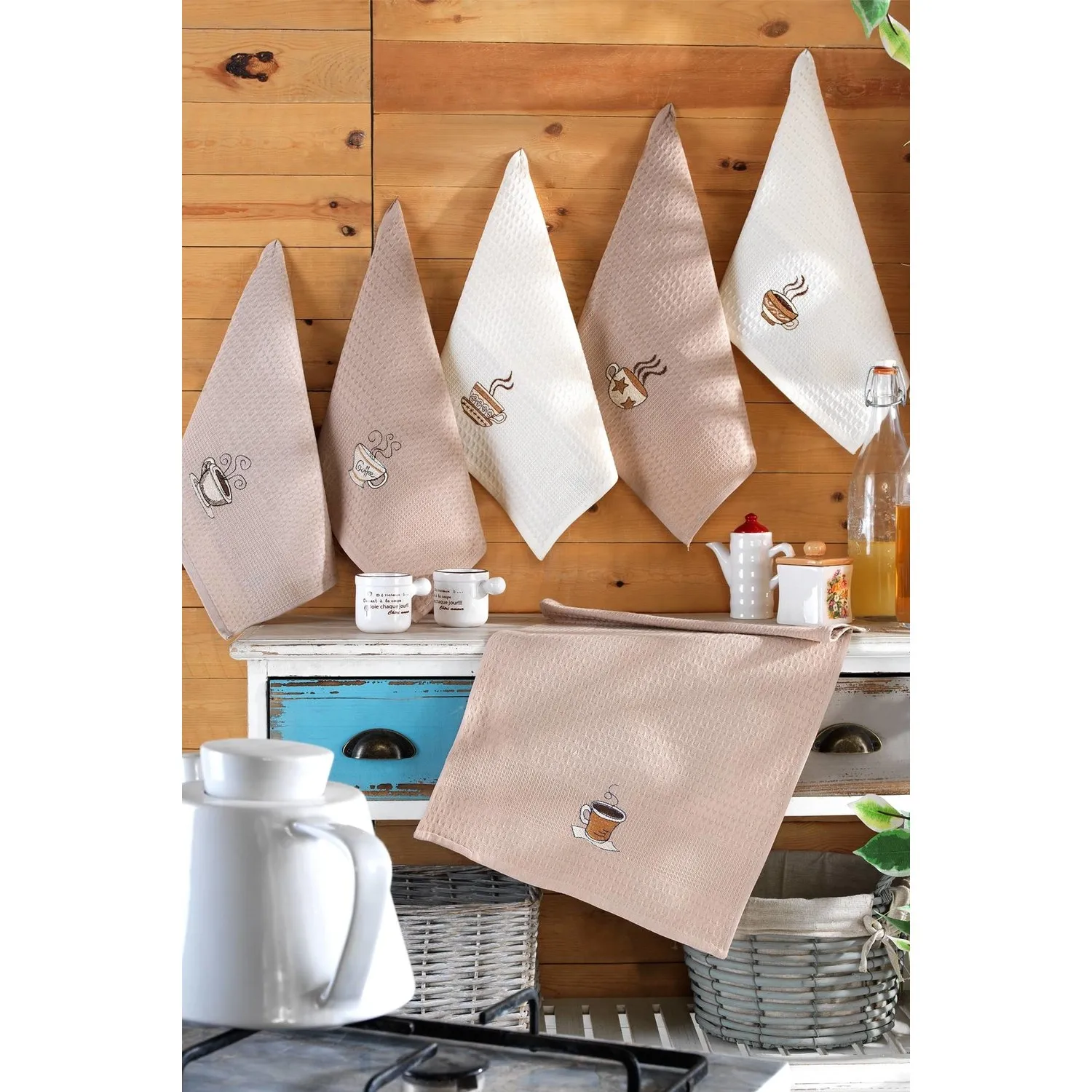 Waktu Kopi 6 Buah Set Dapur 100% Katun Lembut 40X60 Benang Serat Panjang Cepat Kering Penyerap Antibakteri Rumah 2021 Mode