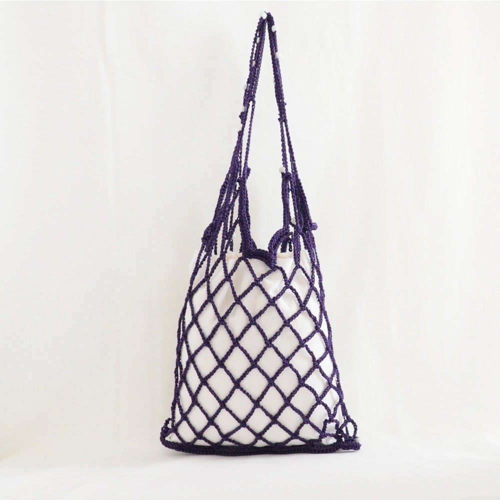 Vintech Fishnet Mercerizing Bag Summer Handbag handmade Bag Organic White Glass Beaded Purple Bag