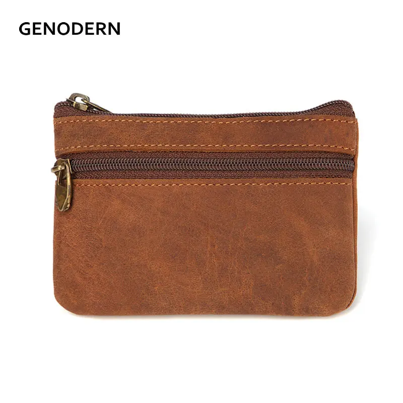 GENODERN ヴィンテージクレイジーホースレザーメンズ小銭入れ本革ジッパーコイン財布レトロキーホルダー小銭バッグ