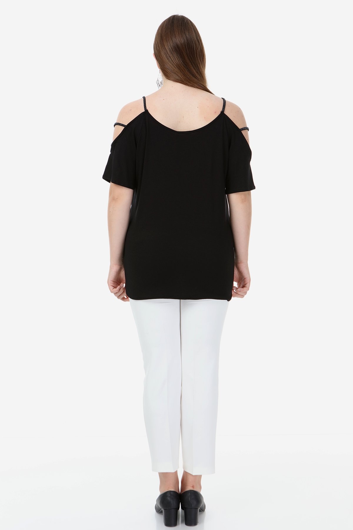 Hanezza Kích Thước Lớn Shoul Ba Nếp Vải Hạt Chi Tiết Bluz