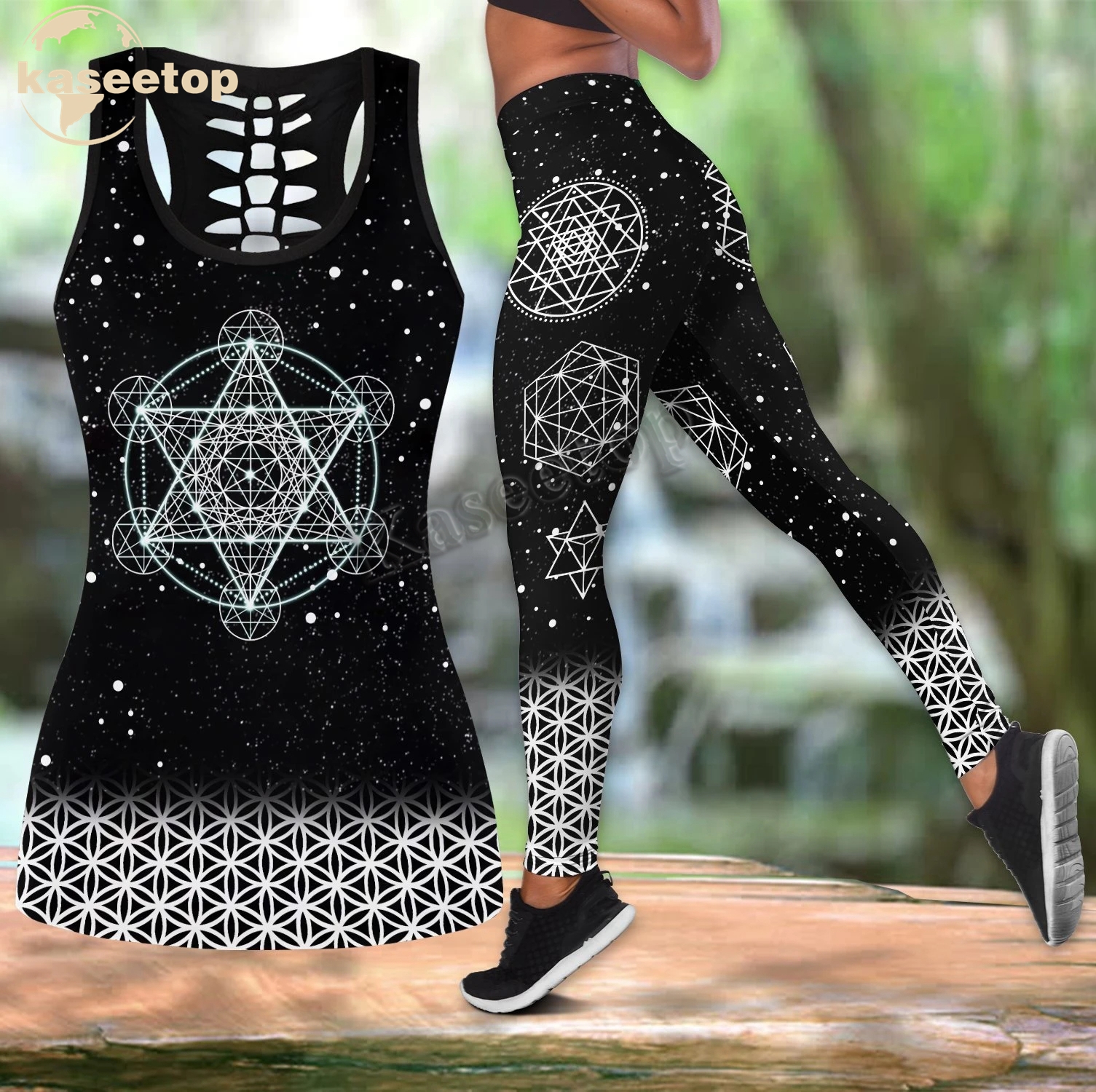 Sacred Geometris Chakra Sacred Geometri Dua Potong Set Yoga Wanita 3D Rompi Cetak Berongga Tank & Legging Pakaian Musim Panas