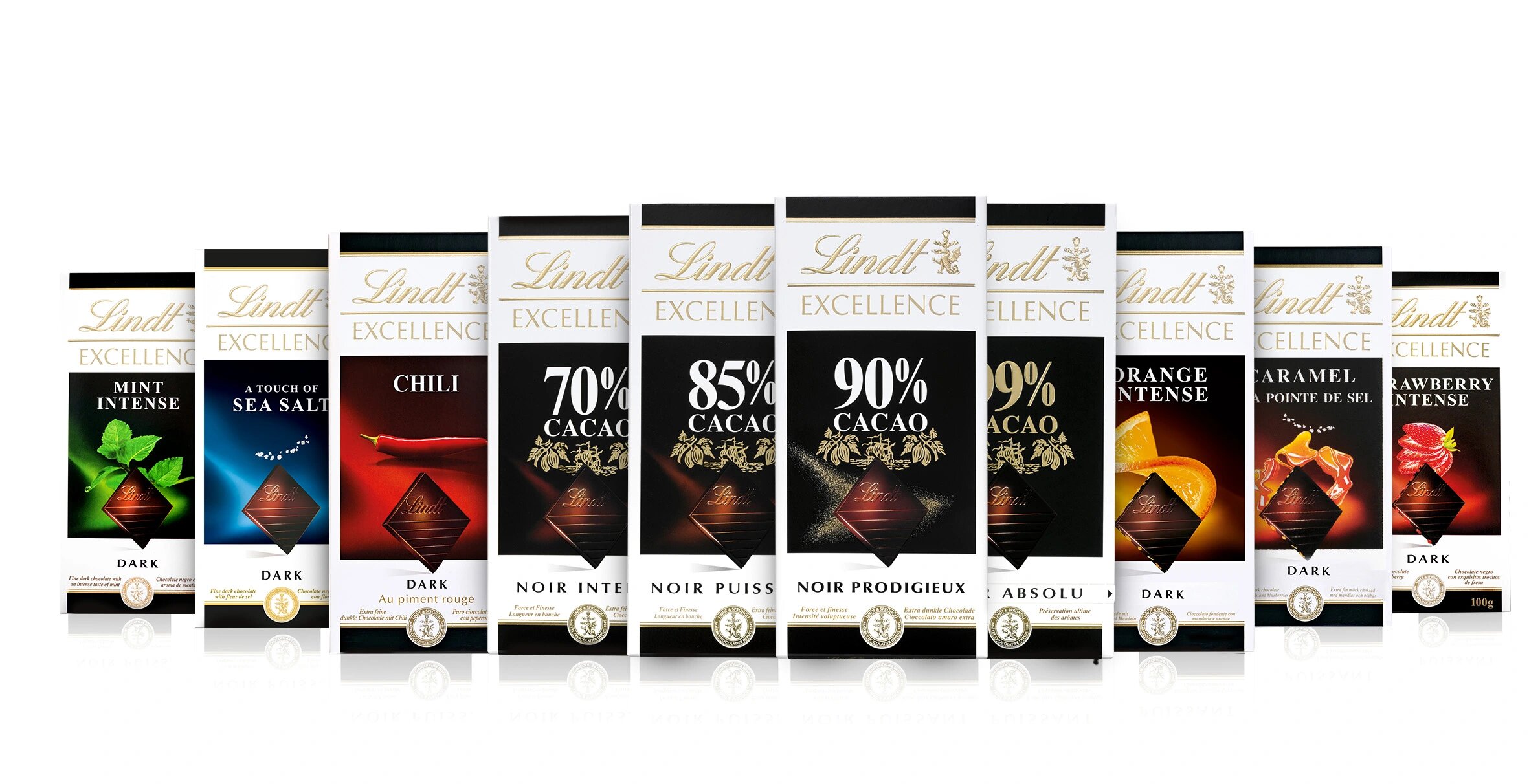 Comprimidos de chocolate, embalagem de 10 unidades de 100gr cada, sortidos: hortelã, caramelo, com sal, 70% cacau, 85% cacau, 90% Qualidade garantida