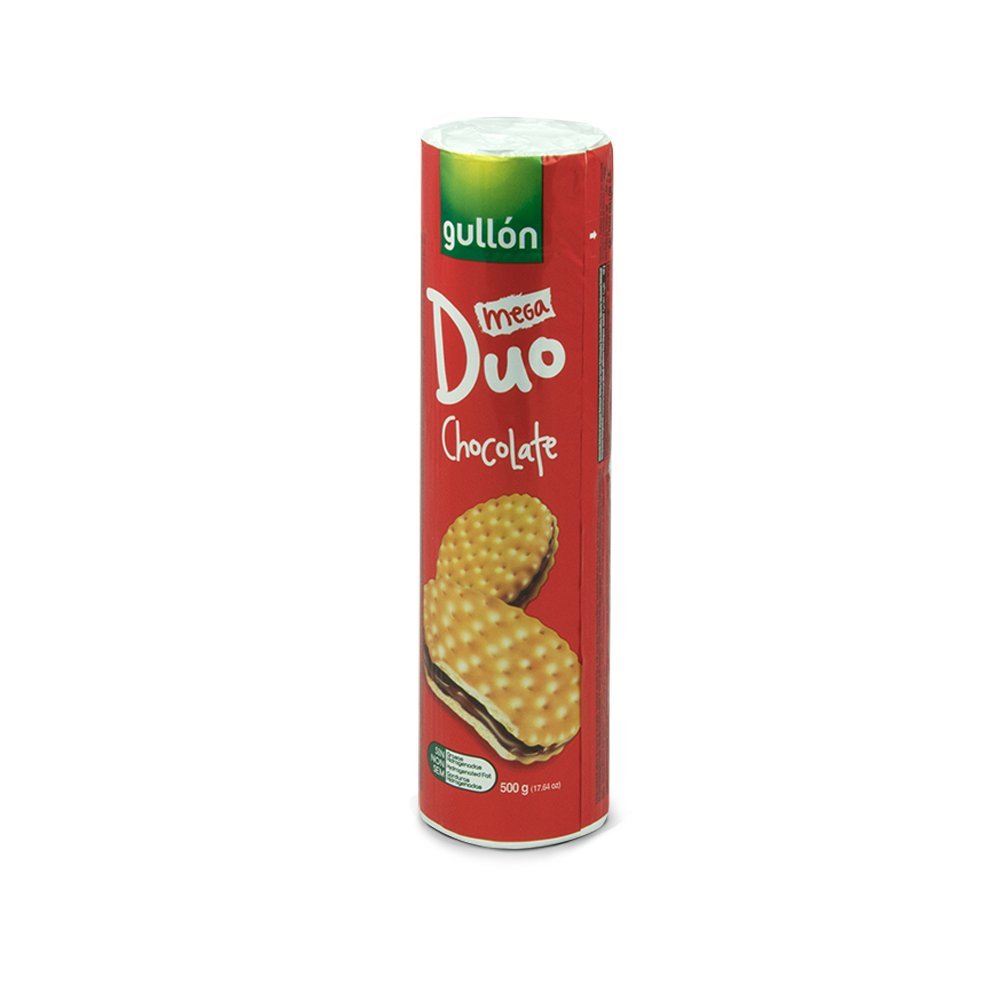Biscoitos sanduíche cheios de chocolate Mega Duo Gulton - Pacote de 5 unidades de 500 gramas cada pacote com um prático sistema aberto e fechado, que ajuda a melhor conservação - biscoito sanduíche recheado