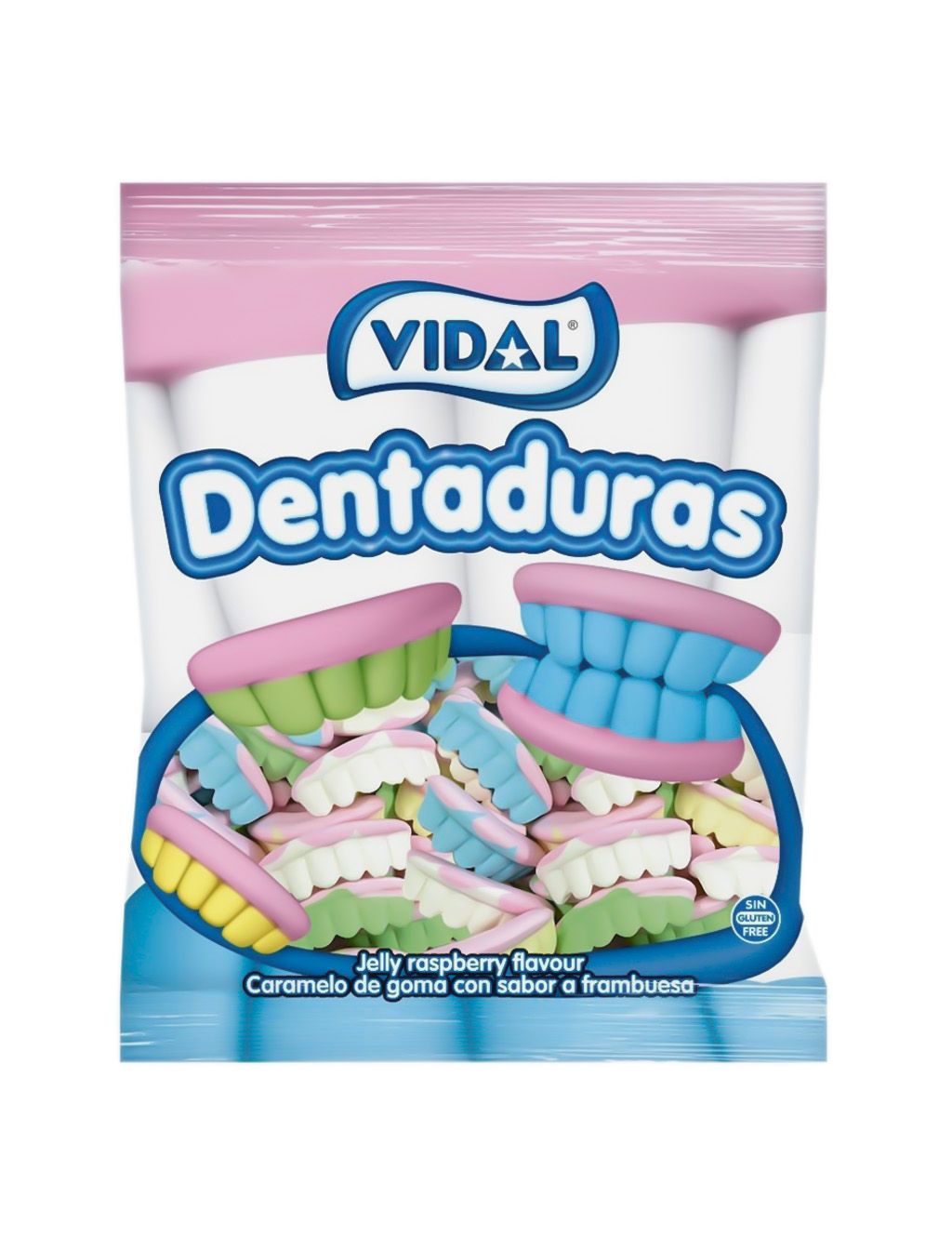 Vidal dentaduras cores 14 sacos 70g-muito realista e de cores diferentes, azul, amarelo, verde, rosa e branco.